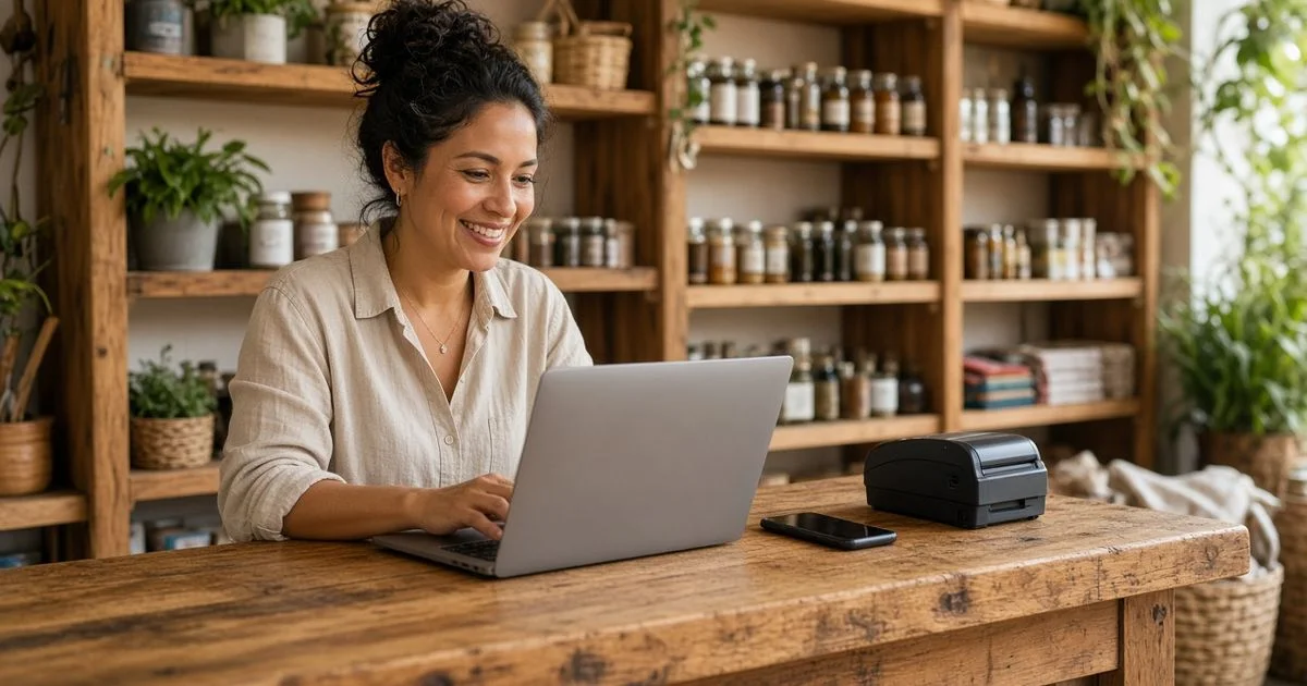 Dueña de un pequeño negocio en Ecuador gestionando ventas en línea desde su laptop